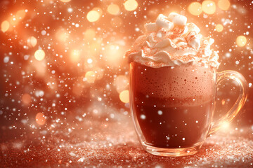 Cup of hot chocolate or mug of cocoa with small marshmallows against traditional winter christmas market. City street in fair atmosphere. New Year holidays and Xmas concept for banner, poster, card