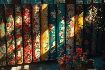Naklejka premium Vibrant Floral Fabric Rolls Displayed In Sunlight