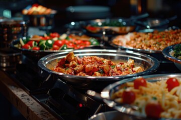 Obraz premium Large assortment of food is displayed on a table, including a variety of vegetables and meats. The table is set up for a buffet-style meal, with several bowls