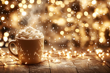 Cup of hot chocolate or mug of cocoa with small marshmallows against traditional winter christmas market. City street in fair atmosphere. New Year holidays and Xmas concept for banner, poster, card