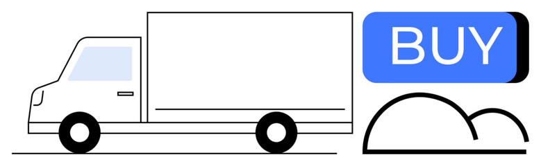 Delivery truck moving next to a large buy button above a cloud symbol representing e-commerce logistics. Ideal for online shopping, delivery services, e-commerce platforms, digital retail, shipping