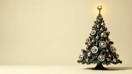 Christmas tree constructed from various car parts, stacked to form a symmetrical tree shape. The background is a light neutral color, like cream or pale beige