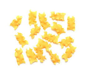 Mafalda ribbon shaped dry pasta, isolated on white background 