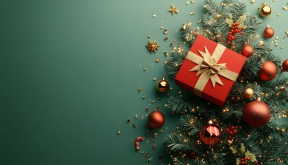 A top view festive red gift box wrapped in a golden ribbon lies on a green background shaped like a Christmas tree, surrounded by holiday ornaments