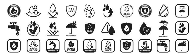 Waterproof icons set isolated on transparent background. Water protection, liquid proof protection. Collection of water resistant signs.