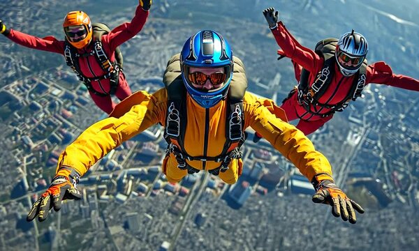 Three skydivers in colorful suits performing aerial maneuvers.