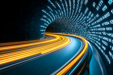 Fototapeta premium A futuristic tunnel with glowing data streams and bright light trails, symbolizing speed and technology in a digital world.