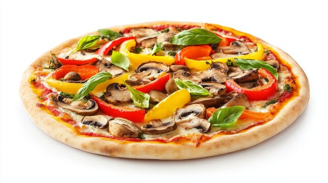 Freshly baked vegetarian pizza with champignon mushrooms and vibrant peppers, cleanly isolated on white,