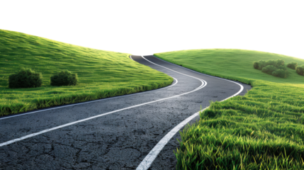 Winding road cutting through lush green hills