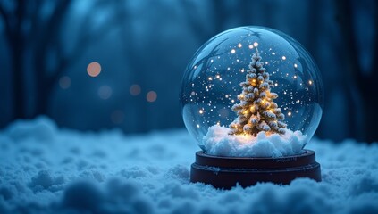 Christmas snowglobe and Merry Christmas text on snow covered old planks on a snowy night background. Christmas and new year concep