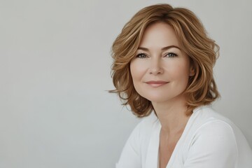 Fototapeta premium Gorgeous mature woman with light makeup and neatly styled hair, her calm and confident demeanor shining against a clean white background