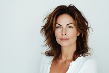 Fototapeta premium Gorgeous mature woman with light makeup and neatly styled hair, her calm and confident demeanor shining against a clean white background