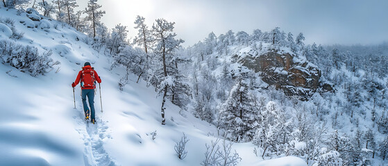 Solo hiker ascending snowy mountainside in winter