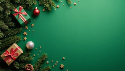 Green Christmas background with fir branches and decorations.