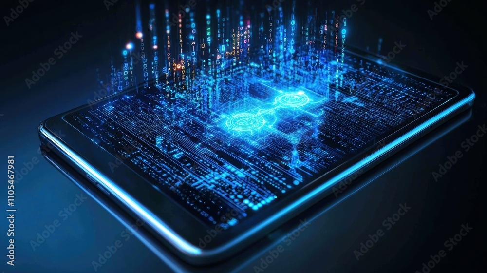 Poster digital device with ai interface under futuristic environment visual data close-up