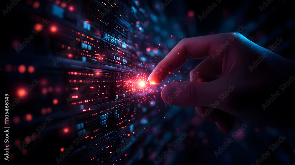 Aufkleber A glowing hand reaches out to a digital array of colorful lights, symbolizing interaction with technology and data