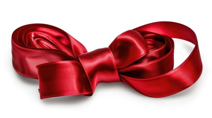 Red ribbon is folded in half and placed on a white background. The ribbon is long and has a shiny appearance. Concept of elegance and sophistication