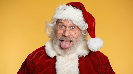 Close-up photo of a funny Santa Claus with his tongue out, showcasing a playful and crazy expression, isolated on a bright yellow background, perfect for humorous, holiday, and festive themes.