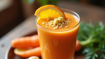 Carrot and orange smoothie with ginger - Vibrant carrot smoothie topped with orange slice and crumbs, showcasing fresh ingredients and health benefits