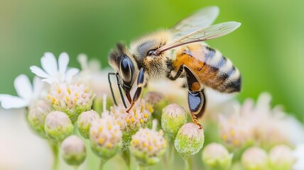 environmental consideration concept. A closeup of a bee pollinating a flower, underlining biodiversity preservation