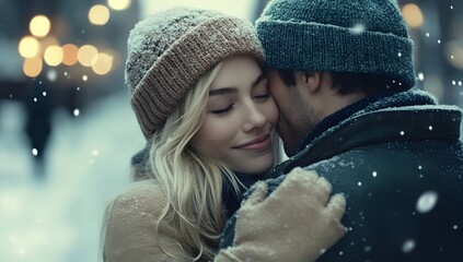 A young Caucasian couple shares a tender moment amidst a snowfall, their winter attire adding to the romantic ambiance.