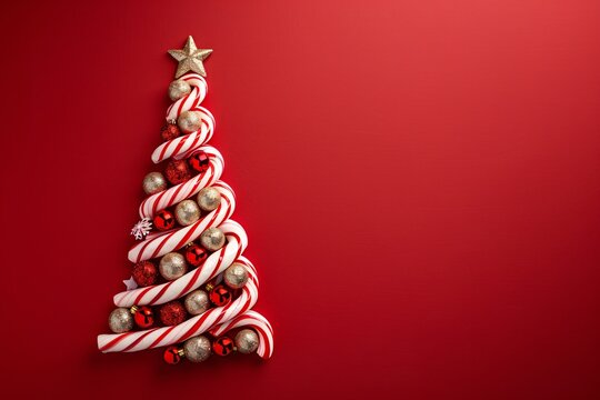 A creative Christmas tree made of candy canes and ornaments is displayed against a bright red backdrop. This festive arrangement adds holiday cheer and charm to any celebration