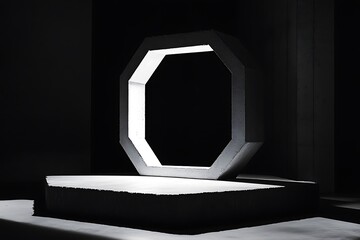 A Modern Architectural Frame of Concrete Octagon in a Minimalist Black and White Setting with a Stage and Light Shadow