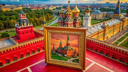 Obraz premium Aerial View of an Abstract Red Square Painting on a Luxurious Golden Wall Captured by Drone Photography for Artistic and Interior Design Inspirations