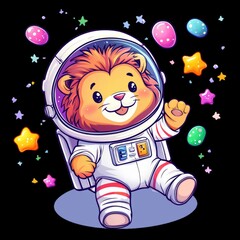 Cute Cartoon Lion in Spacesuit Surrounded by Whimsical Stars
