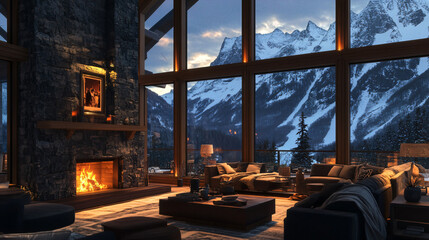 A luxurious mountain lodge with floor-to-ceiling windows overlooking snowy peaks, a crackling fireplace, and comfortable seating.
