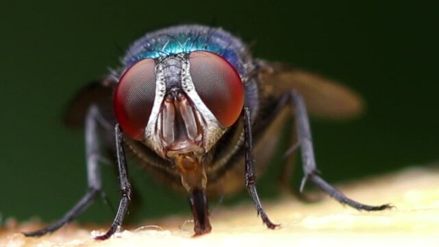 Close up macro of blue fly eating banana.