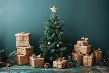 A charming small Christmas tree adorned with a star sits amid neatly wrapped gifts. Pinecones add a natural touch to the cozy holiday atmosphere in a warm room