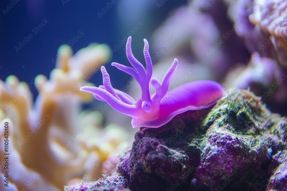 Poster a close-up view of a striking purple nudibranch casually resting on a vibrant reef, with its outstre
