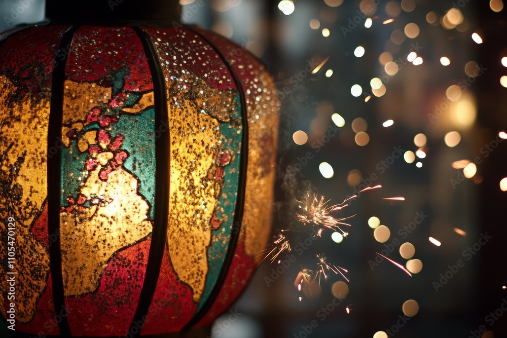 Poster Decorative lanterns cast a warm glow and are detailed with colorful patterns, set against a background of playful sparks creating a lively ambiance.
