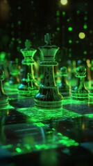 Dynamic chess game in neon code environment futuristic digital art glitch aesthetic