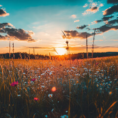 夕日に照らされたコスモス畑