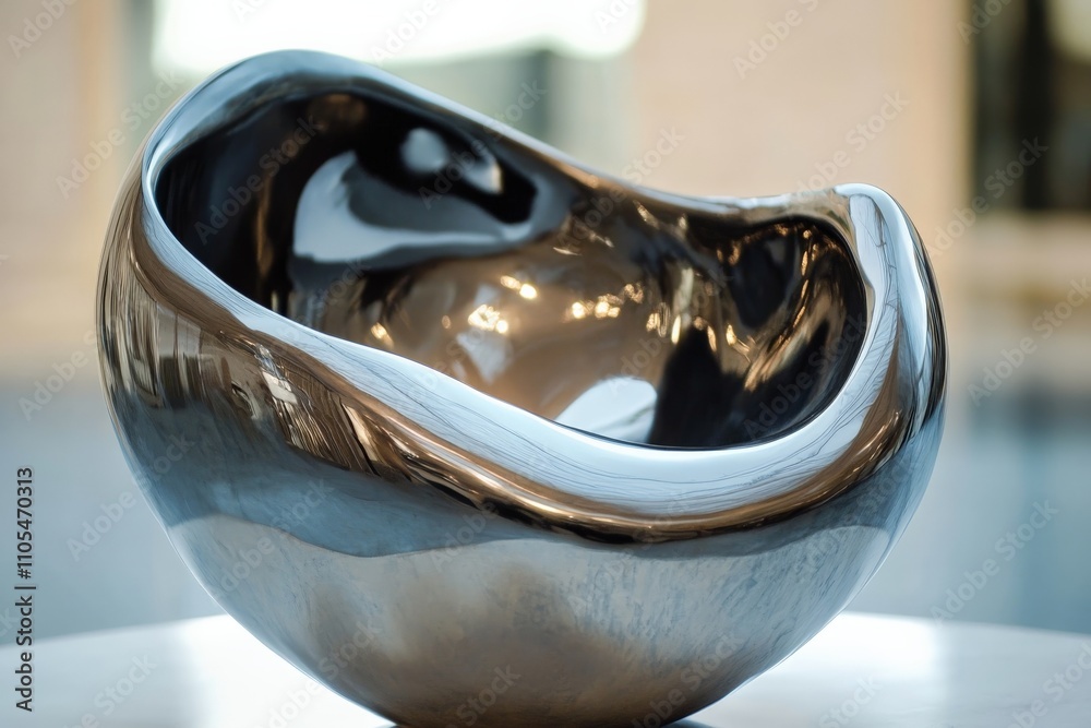 Poster a contemporary metallic sculpture sits with smooth curves and reflective surfaces, capturing abstrac