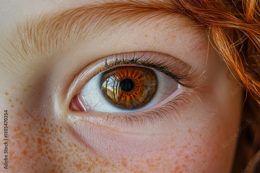 Poster a detailed close-up photograph of a human eye with a striking hazel color and visible reflection, sh