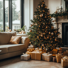 冬の温かい部屋とクリスマスツリー