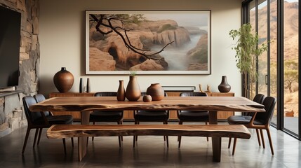 Live edge dining table with wooden chairs in a modern dining room, complemented by a bold art poster frame for a contemporary look.