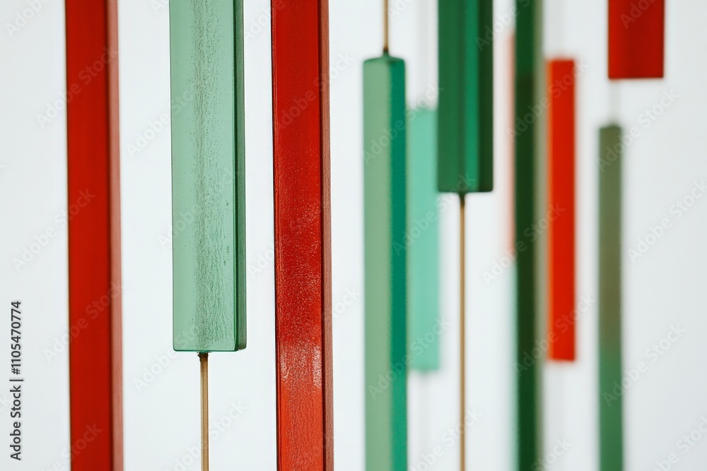 Poster A detailed close-up of colorful wooden strips, showcasing the textures and vibrant colors of red and green against a stark white background, adding dimension and depth.