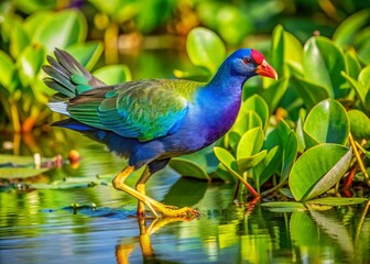Naklejka premium Aerial View of a Purple Gallinule Bird Foraging in the Swamp at Orlando Wetlands in Florida, Capturing the Vibrant Colors and Unique Habitat of the Region
