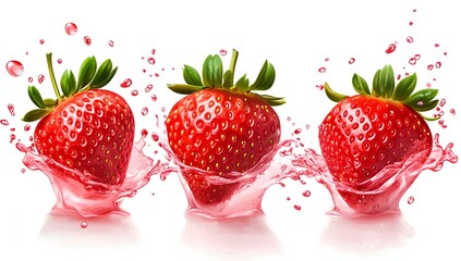 Three juicy strawberries splashing into a pool of pink liquid. A vibrant and refreshing image perfect for summer.