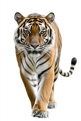 Obraz premium Tiger is walking on a white background. The tiger is the main focus of the image, and it is walking confidently and with purpose. The white background emphasizes the tiger's orange and black stripes