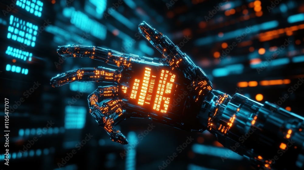 Poster futuristic robotic arm displaying pixelated neon code in a sci-fi environment