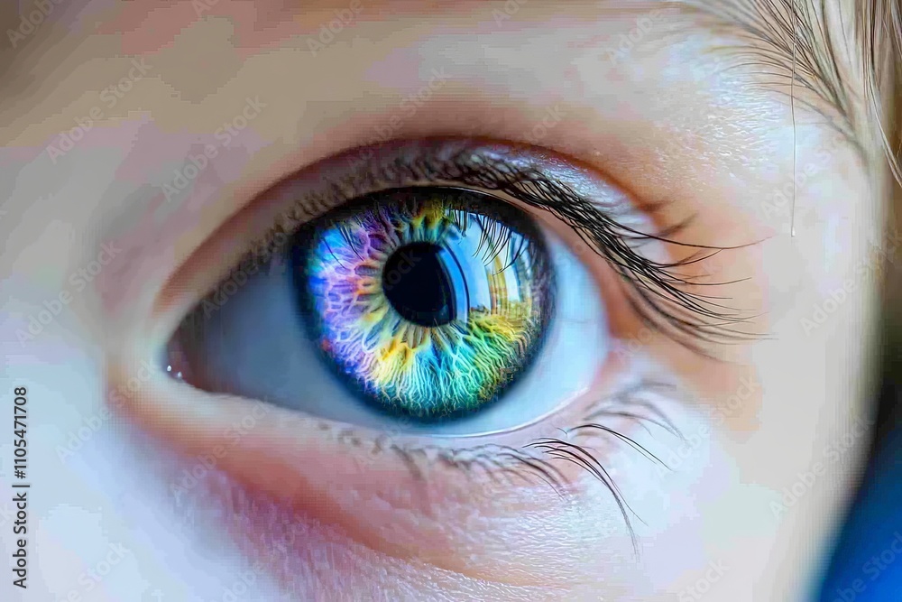 Aufkleber a captivating close-up of a human eye featuring an intricate, vibrant multicolored iris, emphasizing
