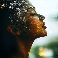 Health in nature's rainy embrace double exposure shot