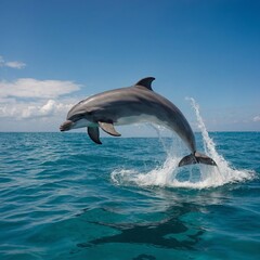 Fototapeta premium A majestic dolphin leaping out of the turquoise ocean.