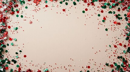 Festive confetti in red, green, and gold forming a semicircle at the top of a soft cream background, leaving the lower section blank