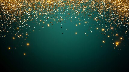 A shower of golden confetti cascading from the top of a deep emerald green background, leaving room for text at the bottom
